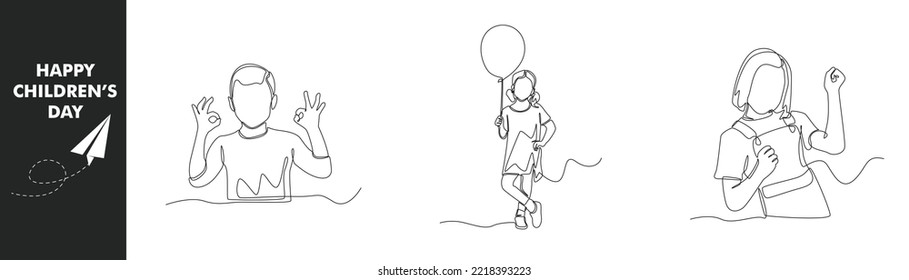 Single one line drawing children day concept set. Happy boy and girl in children day. Balloons and rise hands ok. Continuous line draw design graphic vector illustration.	