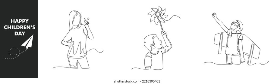 Single one line drawing children day concept set. Happy boy and girl in children day. Plane costume and paper flower. Continuous line draw design graphic vector illustration.	