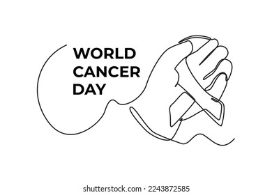 Single one line drawing children hand  holding ribbon for World cancer day. Continuous line draw design graphic vector illustration.