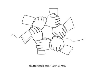 Una sola línea dibujando la mano de los niños de Teamwork. Concepto de trabajo en equipo. Ilustración gráfica de vector de diseño de línea continua.