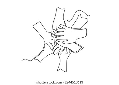 Single one line drawing children's hand form stacking hand together. Team work concept. Continuous line draw design graphic vector illustration.