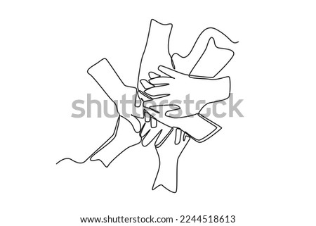 Single one line drawing children's hand form stacking hand together. Team work concept. Continuous line draw design graphic vector illustration.