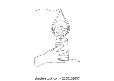 Single one line drawing child's hand holding drops of water on a glass. World water day Concept. Continuous line draw design graphic vector illustration.