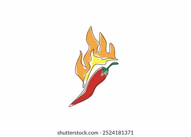 Einzeilige Zeichnung Chilischoten mit Feuer auf der Oberseite. Leidenschaftlich. Intensität. Ein feuriger Geist. Energie. Wärme. Brennendes Verlangen. Würzig. Nationaler Chili-Tag. Grafische Illustration zum Liniendesign