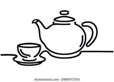 Single one line drawing china teapot and teacup. Continuous line draw design graphic vector illustration.