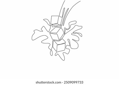 Uma única linha de desenho de salpicos de chocolate rodeia o cubo de caramelo. Lanche doce com sabor de caramelo-chocolate. Apetitivo. Dia Nacional do Caramelo de Chocolate. Ilustração gráfica de design de linha contínua