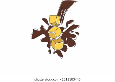 Uma única linha de desenho de salpicos de chocolate rodeia o cubo de caramelo. Lanche doce com sabor de caramelo-chocolate. Apetitivo. Dia Nacional do Caramelo de Chocolate. Ilustração gráfica de design de linha contínua