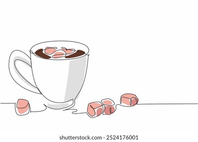 Una sola línea dibujando bebida de chocolate en una taza y malvaviscos dispersos. Cálido. Dulce. Calmante. Relajante y relajado. Día Nacional del Chocolate Caliente. Ilustración gráfica de diseño de línea continua