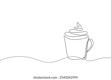 Una sola línea dibujando bebida de chocolate en una taza. Cacao caliente con crema batida en taza. Concepto de bebidas calientes de invierno. Ilustración vectorial continua del boceto.