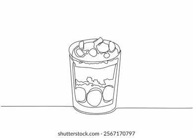 Single one line drawing chocolate parfait with cream and chocolate layer on top. Drink with full chocolate flavor. Tasty. National Chocolate Parfait Day. Continuous line design graphic illustration