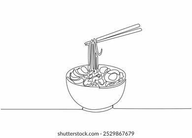 Single one line drawing chopsticks lifting some ramen noodles. Like advertising media. The appeal of food that triggers hunger. Yummy. National Ramen Day. Continuous line design graphic illustration