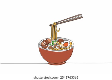 Single one line drawing chopsticks lifting some ramen noodles. Like advertising media. The appeal of food that triggers hunger. Yummy. National Ramen Day. Continuous line design graphic illustration