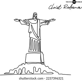 Dibujo de una sola línea del Cristo Redentor Río de Janeiro . Afiche de decoración de arte en la pared del hogar y postales de turismo. Ilustración de diseño de traza continua moderna