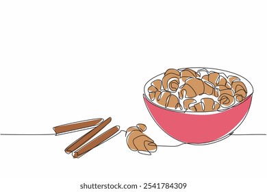 Single one line drawing cinnamon crescents in bowl and several tied cinnamon sticks. Good snack foods for diabetics. Herbs. National Cinnamon Crescent Day. Continuous line design graphic illustration