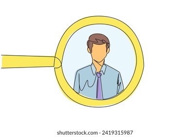 Single one line drawing of the circle of magnifiers highlights to young successful businessman. Resembles an avatar for a photo on social media. Victorious. Continuous line design graphic illustration