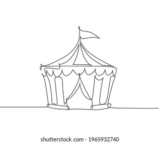 Single One Line Drawing Of 
Circus Tent Shaped Like A Pentagon With Stripes And A Flag At The Top. Where Clowns, Magicians, Animals Perform. Continuous Line Draw Design Graphic Vector Illustration.