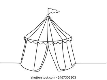 Einzeilige Zeichnung eines Zirkuszeltes in Form eines Fünfecks mit Streifen und einer Fahne an der Spitze. Wo Clowns, Zauberer, Tiere auftreten. Entwurfsgrafik für durchgehende Linien