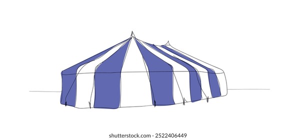 Single one line drawing of circus tent shaped like a pentagon with stripes and a flag at the top. Where clowns, magicians, animals perform.  Hand made vector not AI.