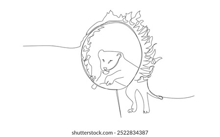 Dibujo de una sola línea de un león de circo que pasa a través de un aro en llamas. Rugido majestuoso del león, cautiva a la audiencia con una presencia tranquila pero poderosa y una fuerza indomable. Vector hecho a mano, no IA.