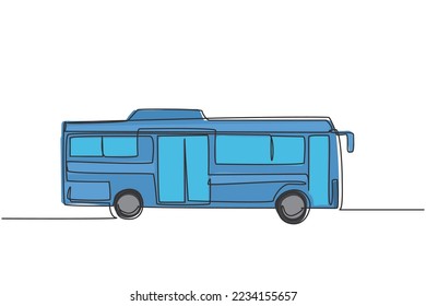 Single one line drawing of city buses seen from the side serving commuter passengers departing and returning from home to the office. Modern continuous line draw design graphic vector illustration.