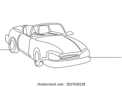 Single one line drawing classic retro convertible sports car logo icon. Outline symbol of collectors car and automotive. Vintage motor vehicle. Continuous line draw design graphic vector illustration