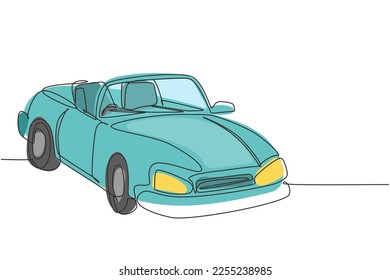 Icono del logotipo del coche deportivo retro de una sola línea de dibujo clásico retro. Símbolo de contorno del coche de los coleccionistas y del automóvil. Vehículo de motor vintage. Ilustración gráfica de diseño de trazos de línea continua