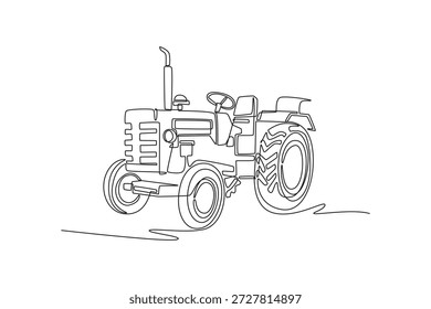 Tractor agrícola de estilo clásico de dibujo de una sola línea sin cabina. Silueta icónica de maquinaria rural y ruedas agrícolas robustas. Ilustración vectorial gráfica de diseño de dibujo de línea continua moderna