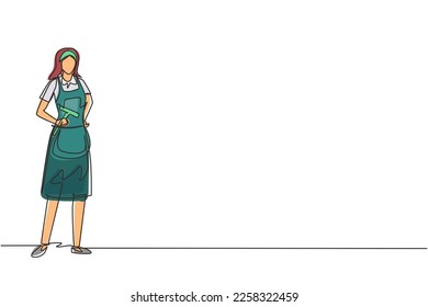 Single one line drawing cleaning service with cool pose. Cleaning worker posing and enjoying working. Smiling female cleaning company staff member. Continuous line draw design vector illustration