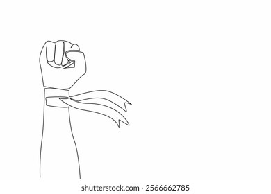 Single one line drawing clenched fists and on the wrists there are ribbons. Solidarity of workers. Fighting together to fight for all rights. May Day. Continuous line design graphic illustration