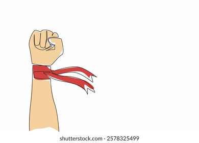 Single one line drawing clenched fists and on the wrists there are ribbons. Solidarity of workers. Fighting together to fight for all rights. May Day. Continuous line design graphic illustration