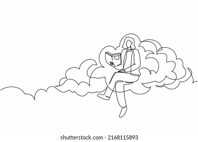 Single one line drawing clever businesswoman sitting cloud   reading book  Studying for higher education  Pursuit career growth in the office  Continuous line design graphic vector illustration