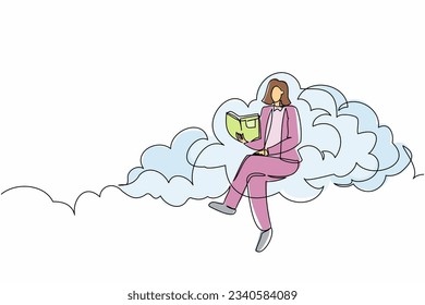 Single one line drawing clever businesswoman sitting cloud   reading book  Studying for higher education  Pursuit career growth in the office  Continuous line design graphic vector illustration