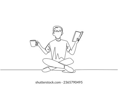 Single one line drawing clever man sitting cross-legged reading book. Accompanied by mug of coffee to make reading more interesting. Knowledge. Calmness. Continuous line design graphic illustration