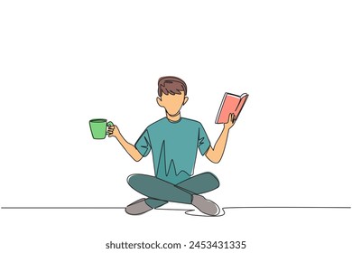 Single one line drawing clever man sitting cross-legged reading book. Accompanied by mug of coffee to make reading more interesting. Knowledge. Calmness. Continuous line design graphic illustration