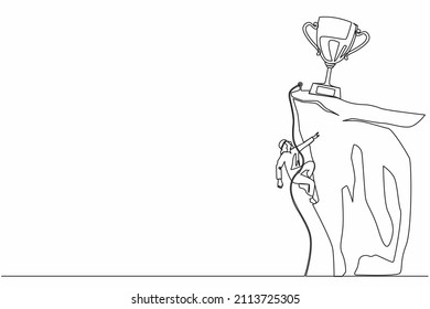 Single one line drawing climber hanging on rope and pulling himself on top of rocky mountain wall to reach trophy. Extreme Arabian businessman climbing on cliff. Continuous line design graphic vector