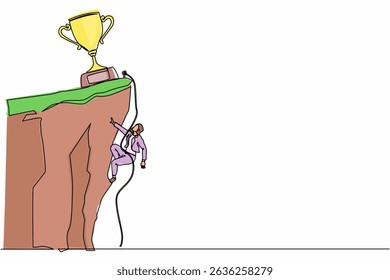 Single one line drawing climber hanging on rope and pulling himself on top of rocky mountain wall to reach trophy. Extreme businesswoman climbing on cliff. Continuous line draw design graphic vector