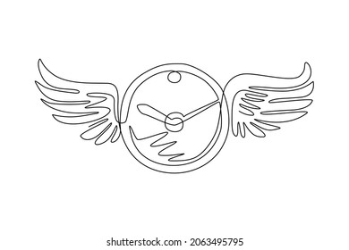 Single one line drawing clock with wings flying in the sky. Lost time concept. Time featuring winged clock flying in the sky. Time flies. Modern continuous line draw design graphic vector illustration