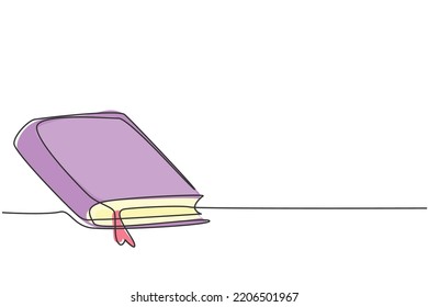 Single one line drawing of closed book on table at university library. Back to school minimalist, education concept. Continuous simple line draw style design graphic vector illustration