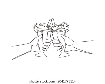 Single one line drawing close-up cropped view of people clinking with glasses of milkshake. Couple is toasting with glass and drink milkshake. Continuous line draw design graphic vector illustration