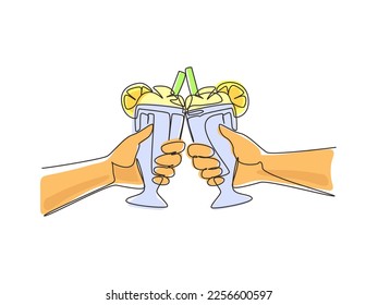 Single one line drawing close-up cropped view of people clinking with glasses of milkshake. Couple is toasting with glass and drink milkshake. Continuous line draw design graphic vector illustration