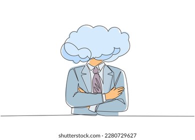 Single one line drawing cloud head businessman. Man with empty head and cloud instead. Distracted, daydreaming, absent and impractical concept. Continuous line draw design graphic vector illustration