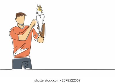 Single one line drawing cockatoo bird perched on hand of man. A bird with quite good intelligence that has beautiful feathers. Pet birds. Man Holding Bird. Continuous line design graphic illustration