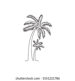Single one line drawing of coconut tree. Decorative cocos nucifera, beach palm tree family concept for greeting hello summer post card. Modern continuous line draw design vector graphic illustration