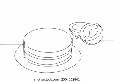 Single one line drawing coconut torte on a round plate. The old coconut is split. Delicious cake with coconut cream. Sweet. National Coconut Torte Day. Continuous line design graphic illustration