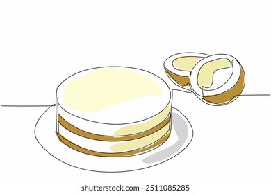 Single one line drawing coconut torte on a round plate. The old coconut is split. Delicious cake with coconut cream. Sweet. National Coconut Torte Day. Continuous line design graphic illustration