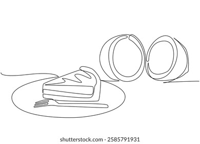 Single one line drawing coconut cream pie slices round black plate with fork. A sweet restaurant style dessert. Delicious. National Coconut Cream Pie Day. Continuous line design graphic illustration