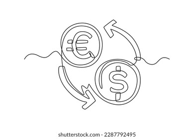 Cambio de moneda de una sola línea de dibujo. Concepto bancario. Ilustración gráfica de vector de diseño de línea continua.