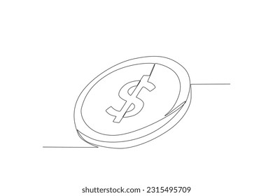 Einzeilige Zeichenkette mit einer Linie, flach Symbol. Dollarmünze. Münze mit Dollarzeichen. Geldsymbol. Amerikanische Währung. Sparen des Anlagekonzepts. Modern-Stetig-Liniendesign, Vektorgrafik
