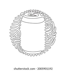 Einzeilige Zeichnung Cola Soda in Aluminium Dose. Kaltes Erfrischungsgetränk, das nach einem erfrischenden Gefühl sucht. Schwirl-Kreis-Hintergrund-Stil. Modern-Stetig-Liniendesign, Vektorgrafik