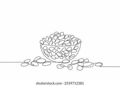 Single one line drawing colorful jelly beans placed in a glass bowl. A large bowl could not hold the many enthusiasts. Delicious. National Jelly Bean Day. Continuous line design graphic illustration